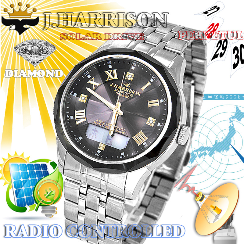 J.H-1975BK・3石天然ダイヤモンド・パーペチュアルセラミックソーラー電波時計